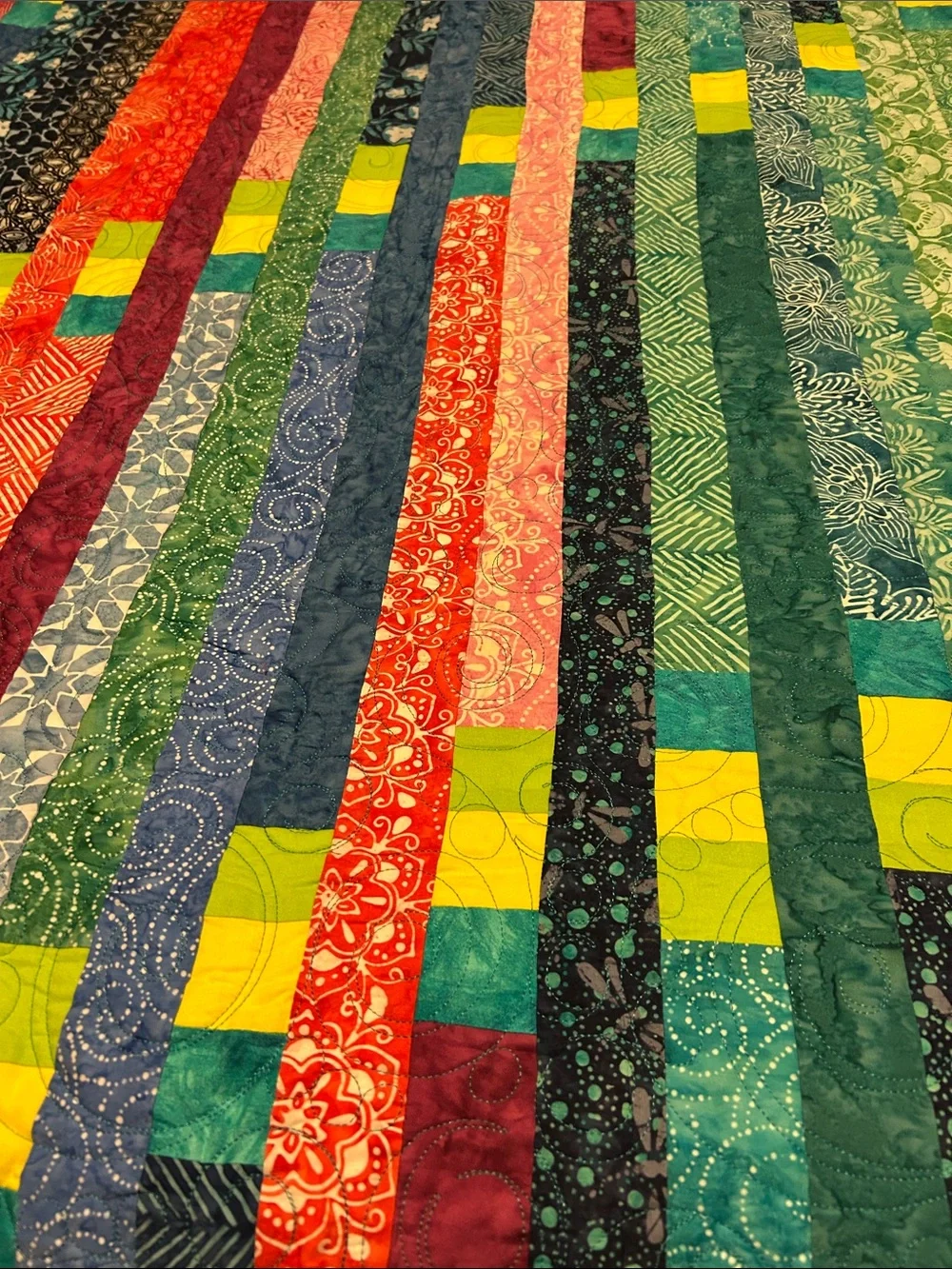 ONE OF A KIND- HANDCRAFTED Multicolor Strip Quilt - Vibrant Green, Blue & Pink